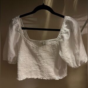 American Eagle White Smocked Puff Sleeve Blouse, Medium